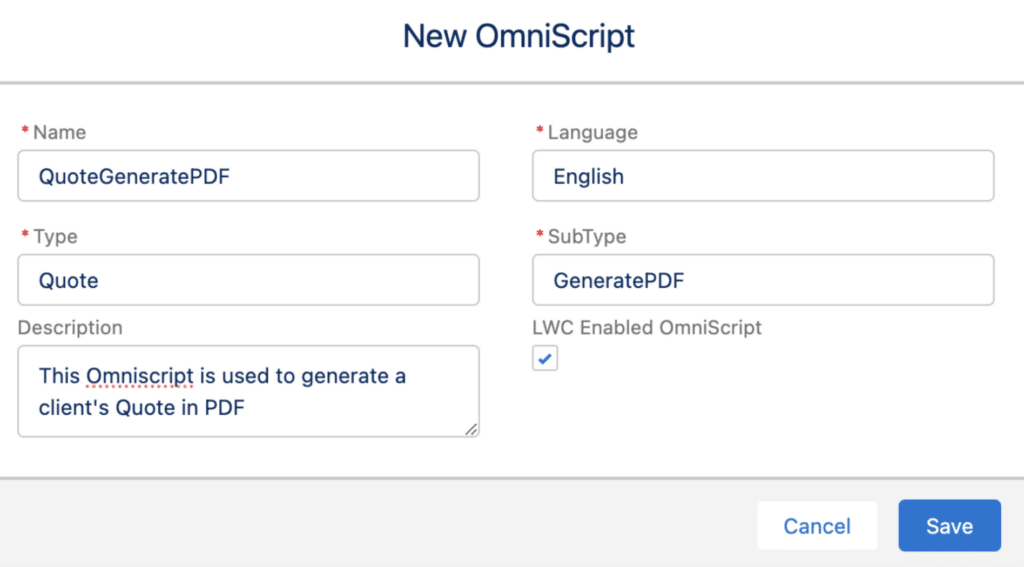 New OmniScript section with filled out information
