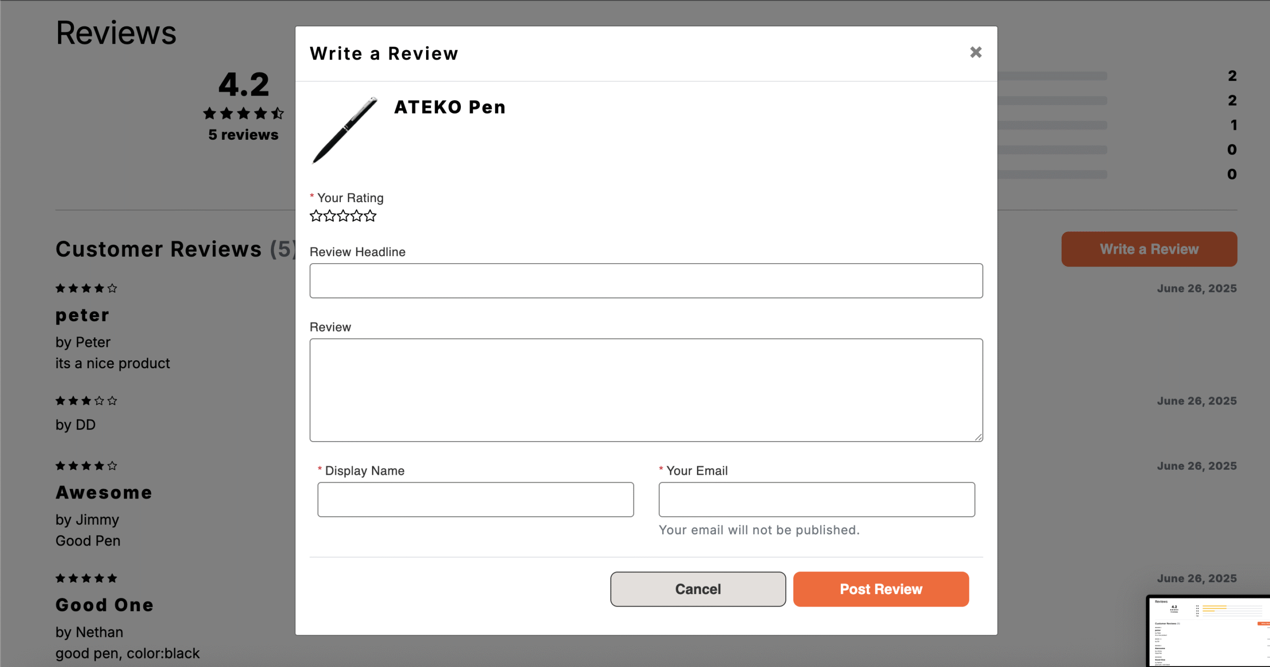 Screenshot of Product Listing Page with review section. Review form includes rating review headline and more.