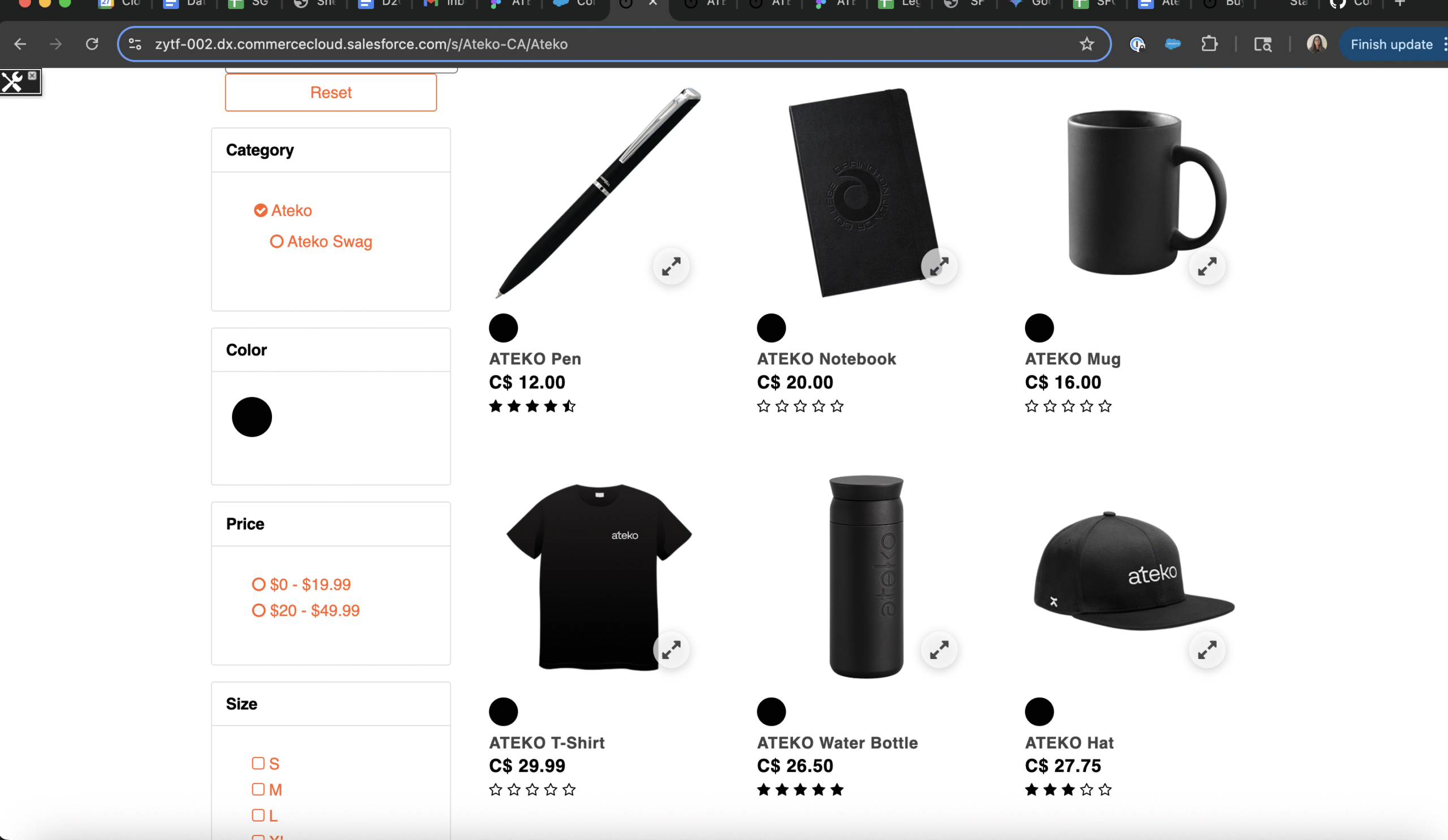 Capture d’écran de la page de liste de produits présentant divers articles de marque Ateko avec leur prix et leur description.