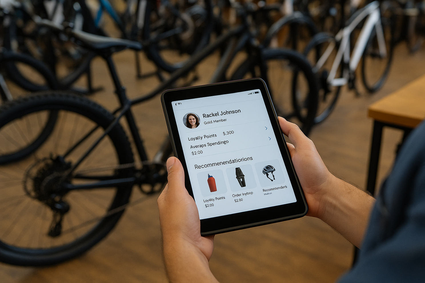 Man holding a tablet which shows store items