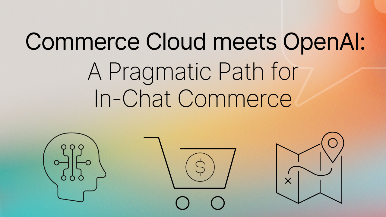 Commerce Cloud meets Open AI graphic with shopping cart and map icons