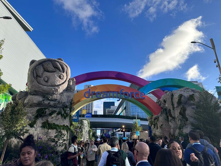 Photo taken at Dreamforce 2025 in San Francisco, of Dreamforce banner with Agentforce AI Robot mascot. 