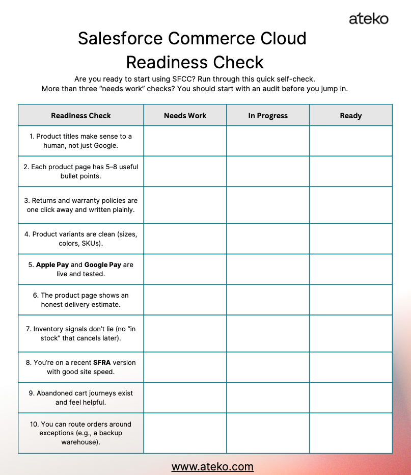 SFCC readiness check matrix