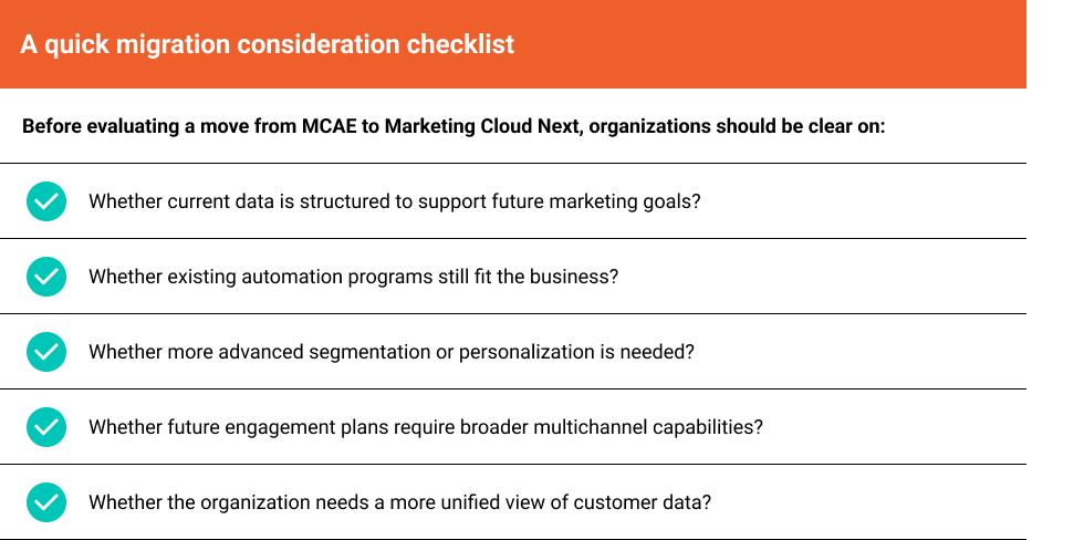 Checklist for migrating from Salesforce MCAE to Marketing Cloud Next (MCN) covering data structure, automation, and multichannel goals.