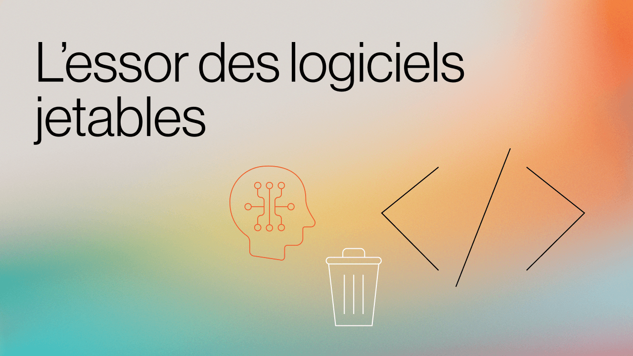 Graphique intitulé "L'essor des logiciels jetables" avec des icônes de développement logiciel sur un fond dégradé.