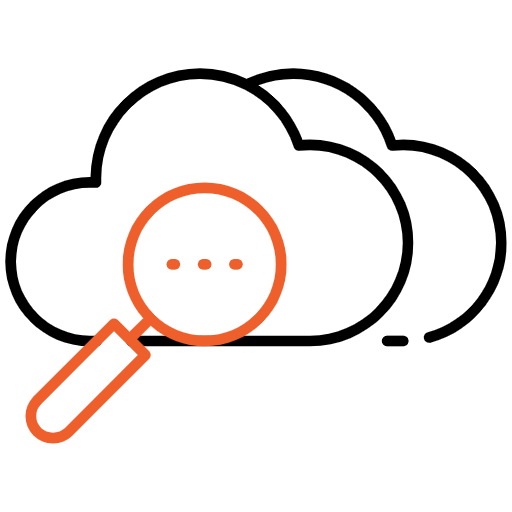 black and orange icon of a cloud and a magnifying glass