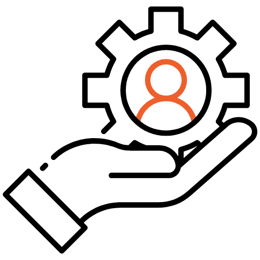 Black and Orange Image of a hand holding a "gear"